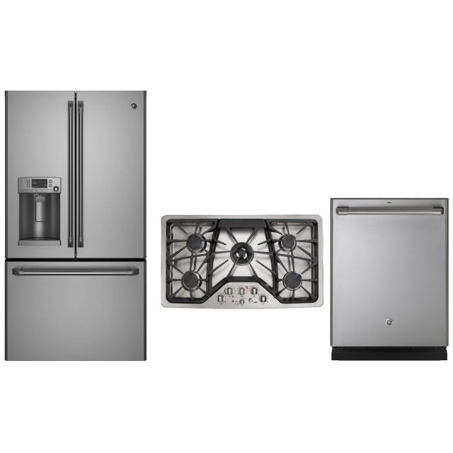 GE Cafe CYE22TSHSS 22.1 cu. ft. French Door Refrigerator, CGP650SETSS 36 in. Gas Cooktop, CVM1790SSSS 1.7 cu. ft. Over the Range Convection Microwave, CDT835SSJSS Top Control Built-In Tall Tub Dishwasher in Stainless Steel